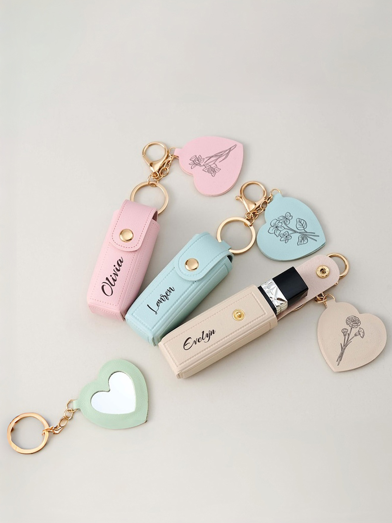 Birth Flower Pattern Lipstick Keychain Storage Case (with Mirror), Custom PU Leather Lip Balm Pouch